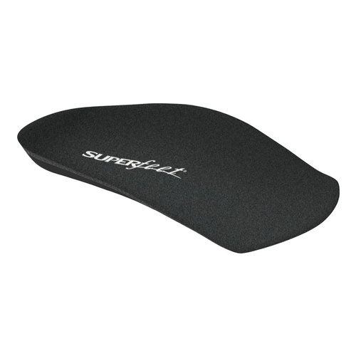 Black orthotic insole with a smooth surface and a slight arch, featuring the "SUPERfeet" logo prominently displayed in white. Designed for comfort and fatigue reduction in women's dress shoes.