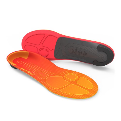 Superfeet Run Pain Relief Insoles feature a vibrant orange and black design, with a textured surface for grip and arch support, designed for enhanced comfort during running.