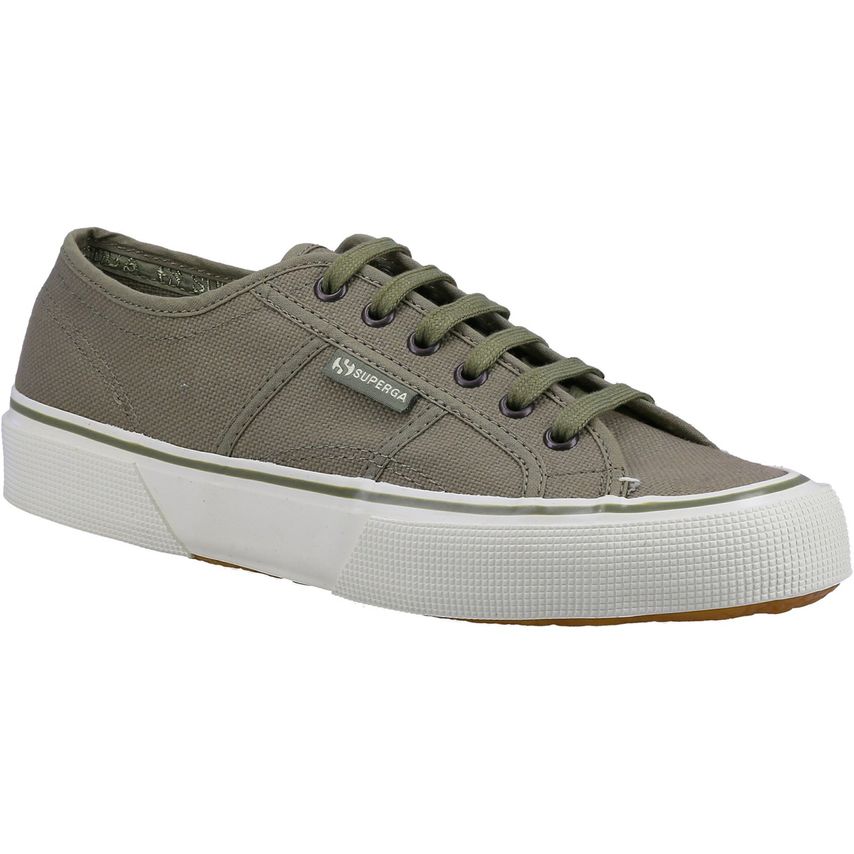Green safari canvas trainers with a thick white rubber sole, featuring round laces and a textured toe cap, branded with Superga logo on the side.