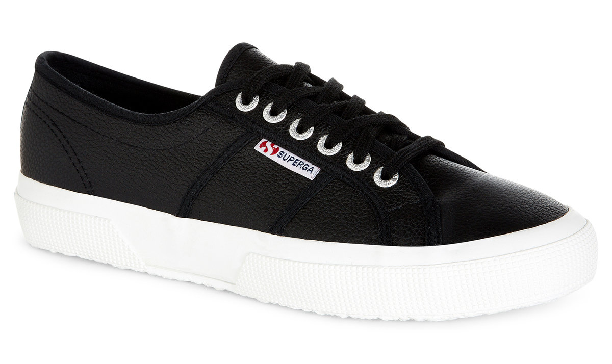 Superga Men's 2750 Tumbled Leather Shoe features a black tumbled leather upper, white rubber sole, and classic lace-up design with a small Superga logo on the side.
