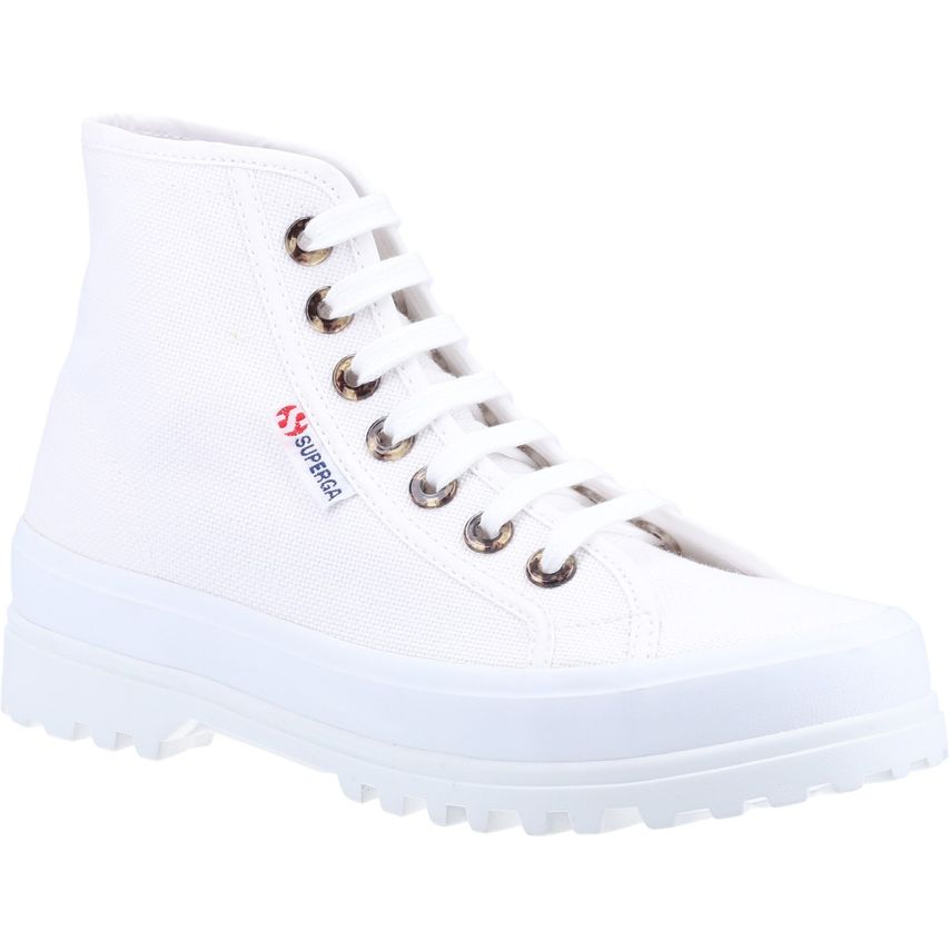 White ankle boot with a high-top design, featuring resin eyelets, metal lace closures, and a rugged sole, made from durable canvas material.