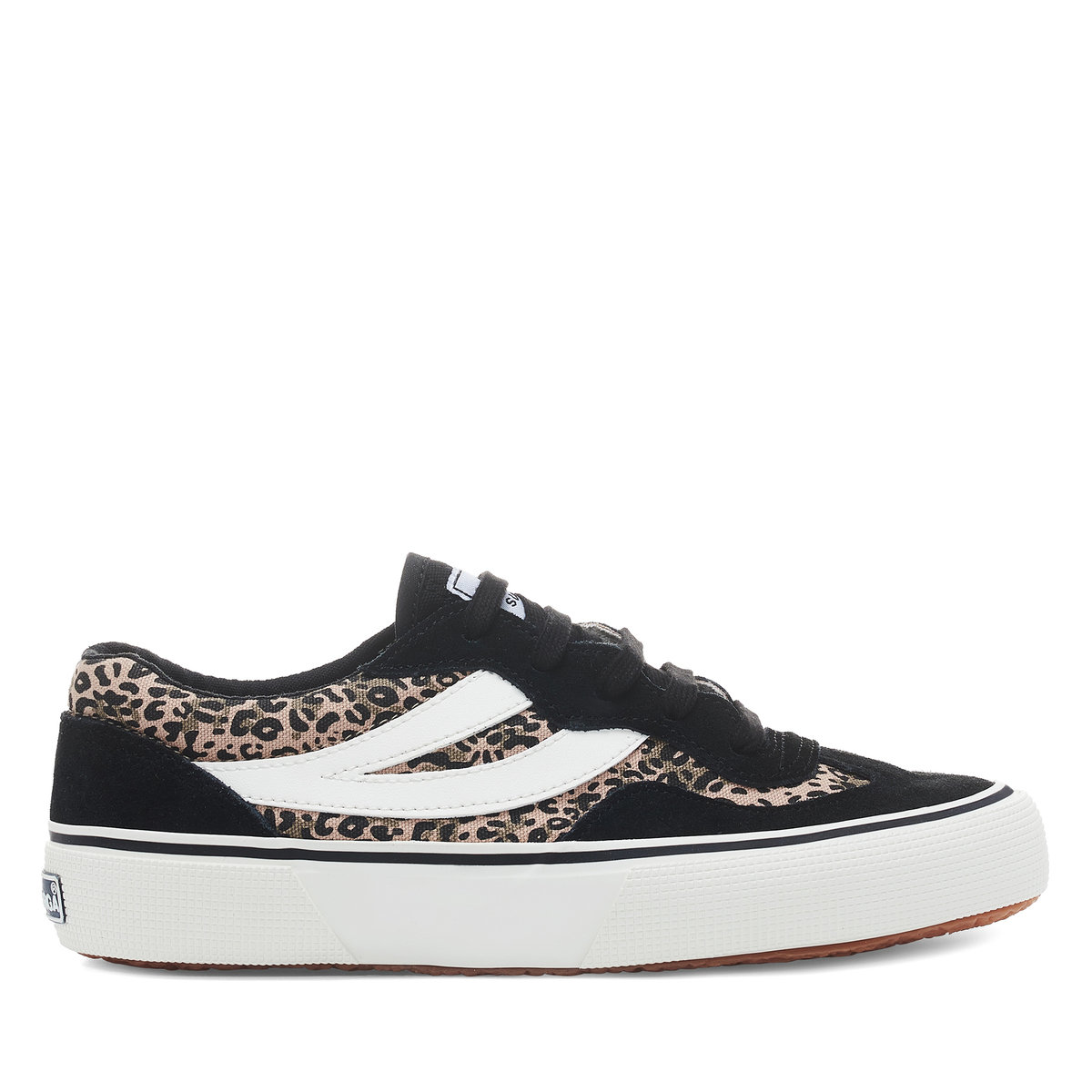 Black trainers featuring a micro leopard print design, suede material, white side stripes, and a textured rubber sole, designed for women by Superga.