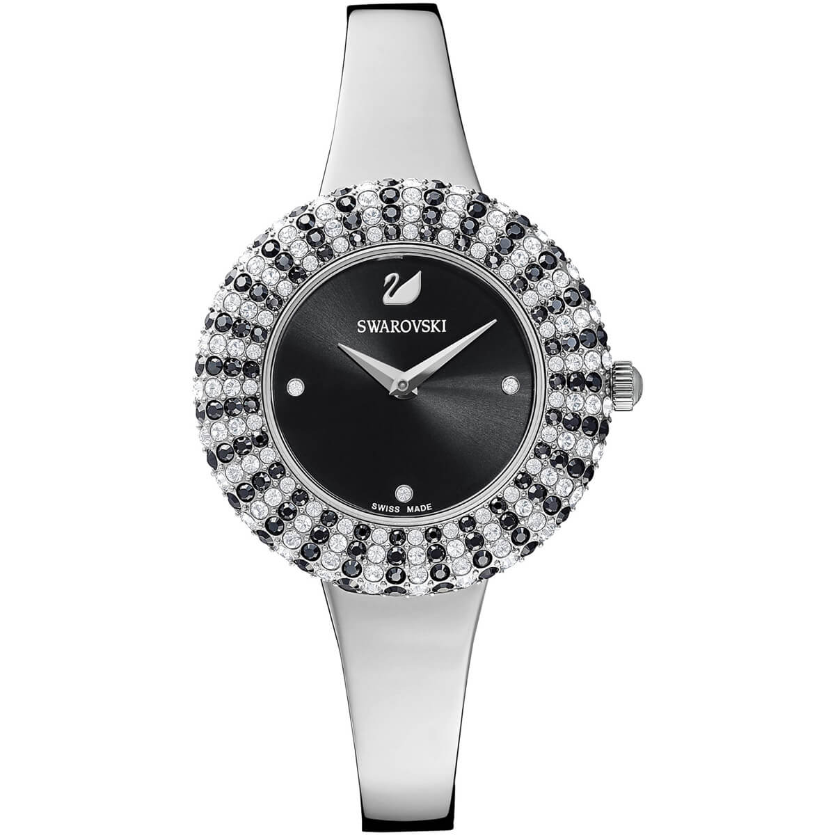 Swarovski 5484076 ladies' watch features a black dial surrounded by a sparkling crystal bezel, with a sleek silver metal band and a signature swan logo.