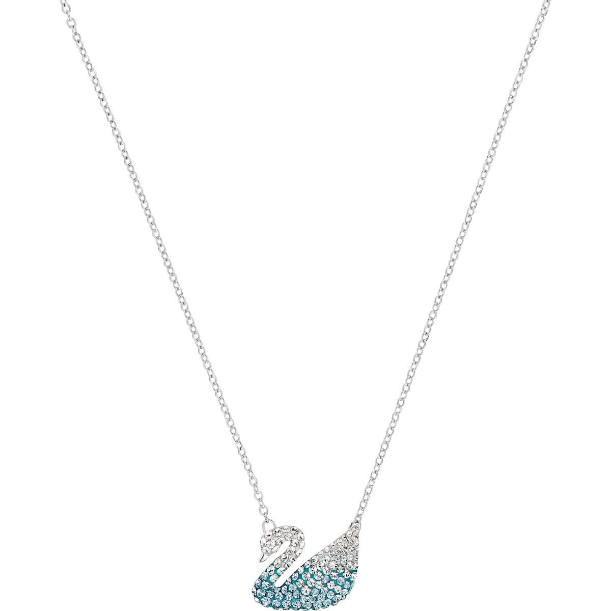 Rhodium-plated necklace featuring a blue crystal swan pendant adorned with shimmering crystals, showcasing elegant curves and a delicate chain.