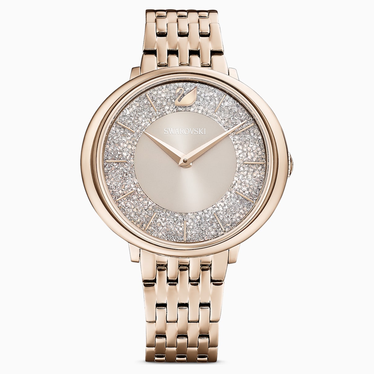 Gold-tone metal bracelet watch featuring a sparkling crystalline dial, a sleek round case, and a minimalist design, ideal for elegant occasions.