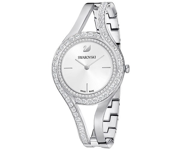 Swarovski Eternal stainless steel watch in silver, featuring a round white dial, sparkling crystal accents, and a sleek, elegant band design.