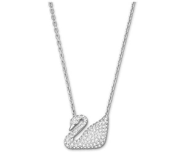 Silver-tone necklace featuring a swan pendant adorned with sparkling clear crystals, showcasing an elegant design and delicate chain.