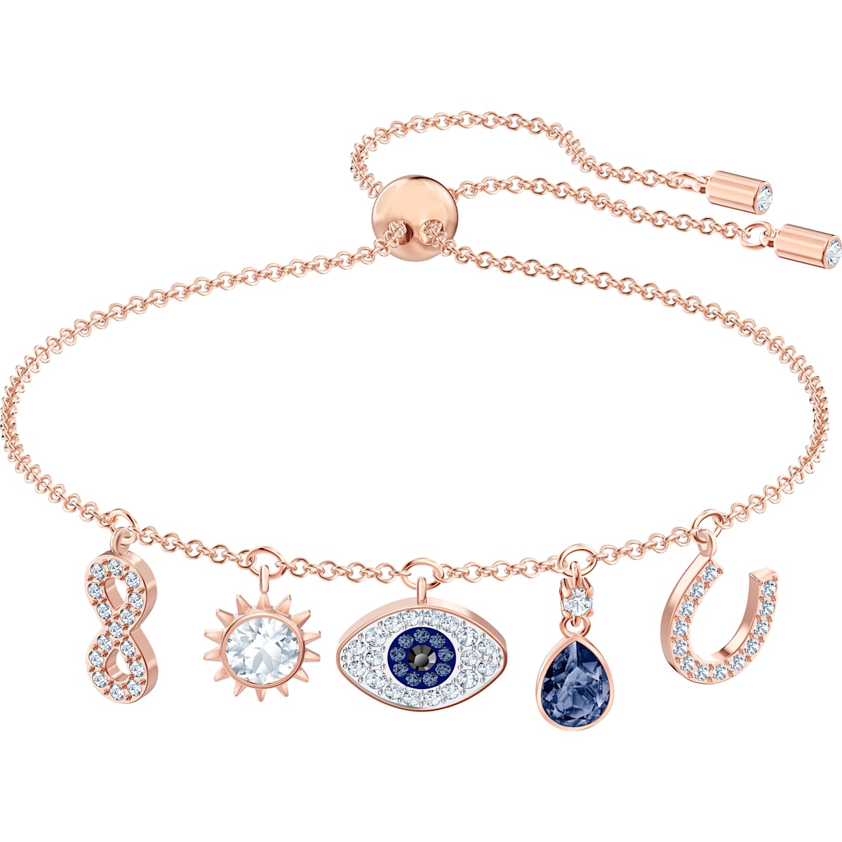 Rose gold bracelet featuring five charms: an infinity symbol, sun, eye, and horseshoe, adorned with sparkling crystals and a sliding adjustable chain.