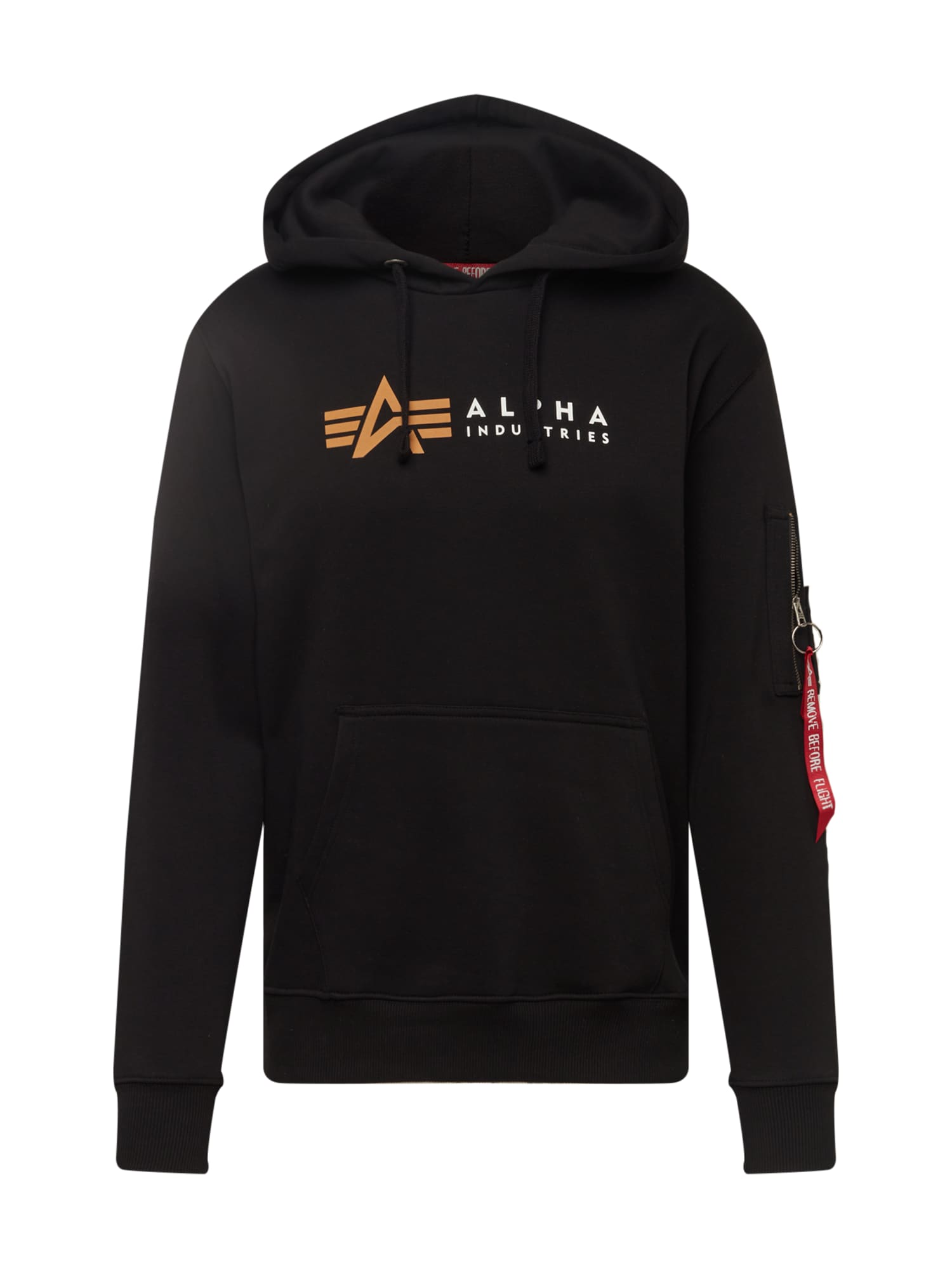 Black hooded sweater featuring the Alpha Industries logo in orange, a front kangaroo pocket, and a zippered sleeve pocket with a red fabric tag. Available in sizes S to XXL.