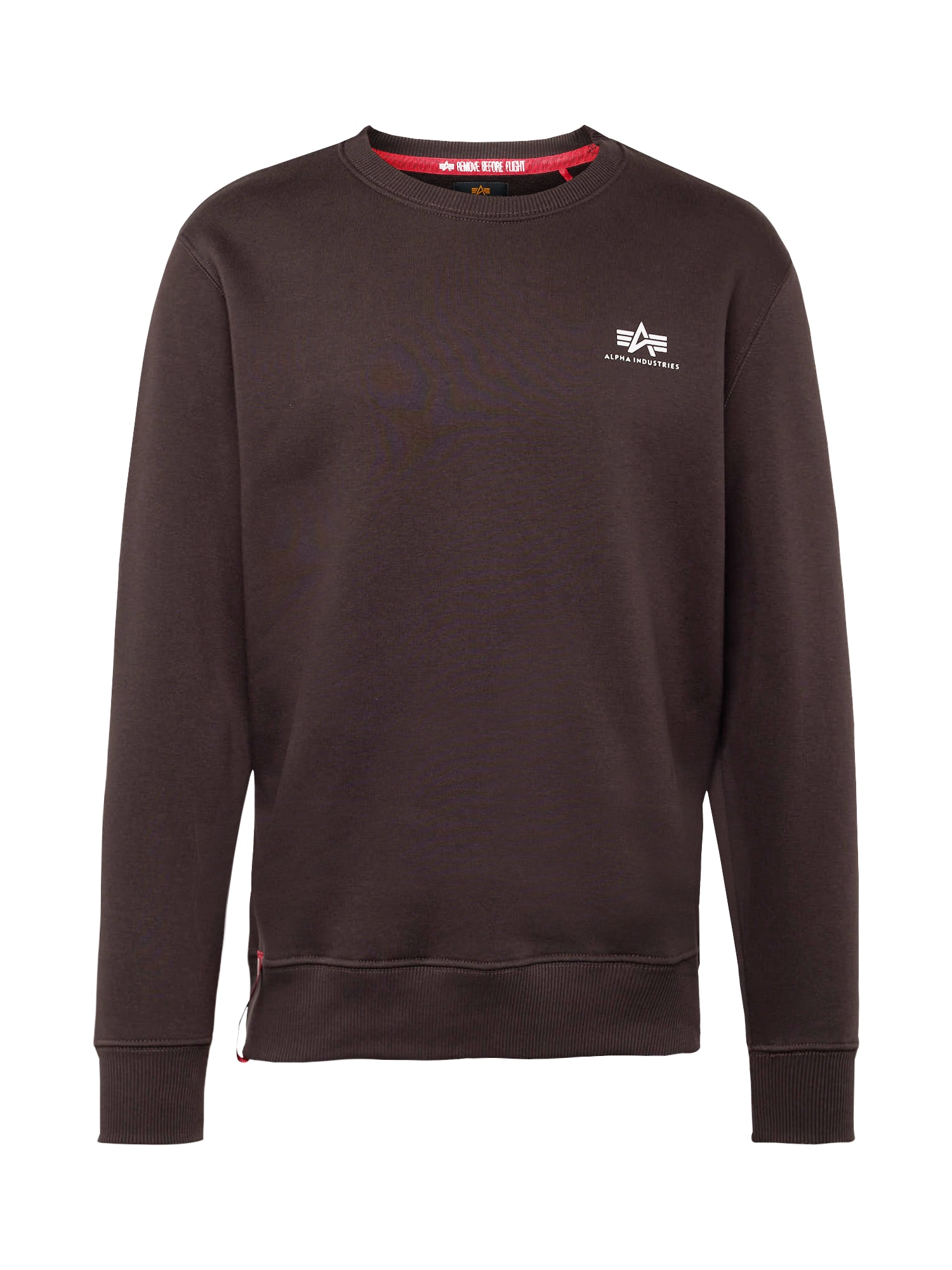 Brown and white sweatshirt by Alpha Industries, featuring a small logo on the chest, ribbed cuffs and hem, and a subtle side slit detail.