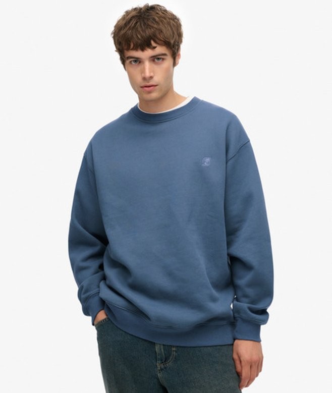 Blue sweatshirt by Superdry, featuring a relaxed fit, crew neckline, and a small logo embroidered on the chest, made from soft cotton material.