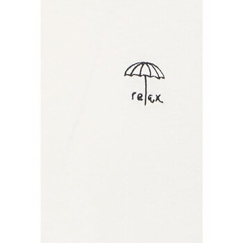 Cream-colored cotton T-shirt featuring a small black embroidered umbrella design with the word "relax" underneath.