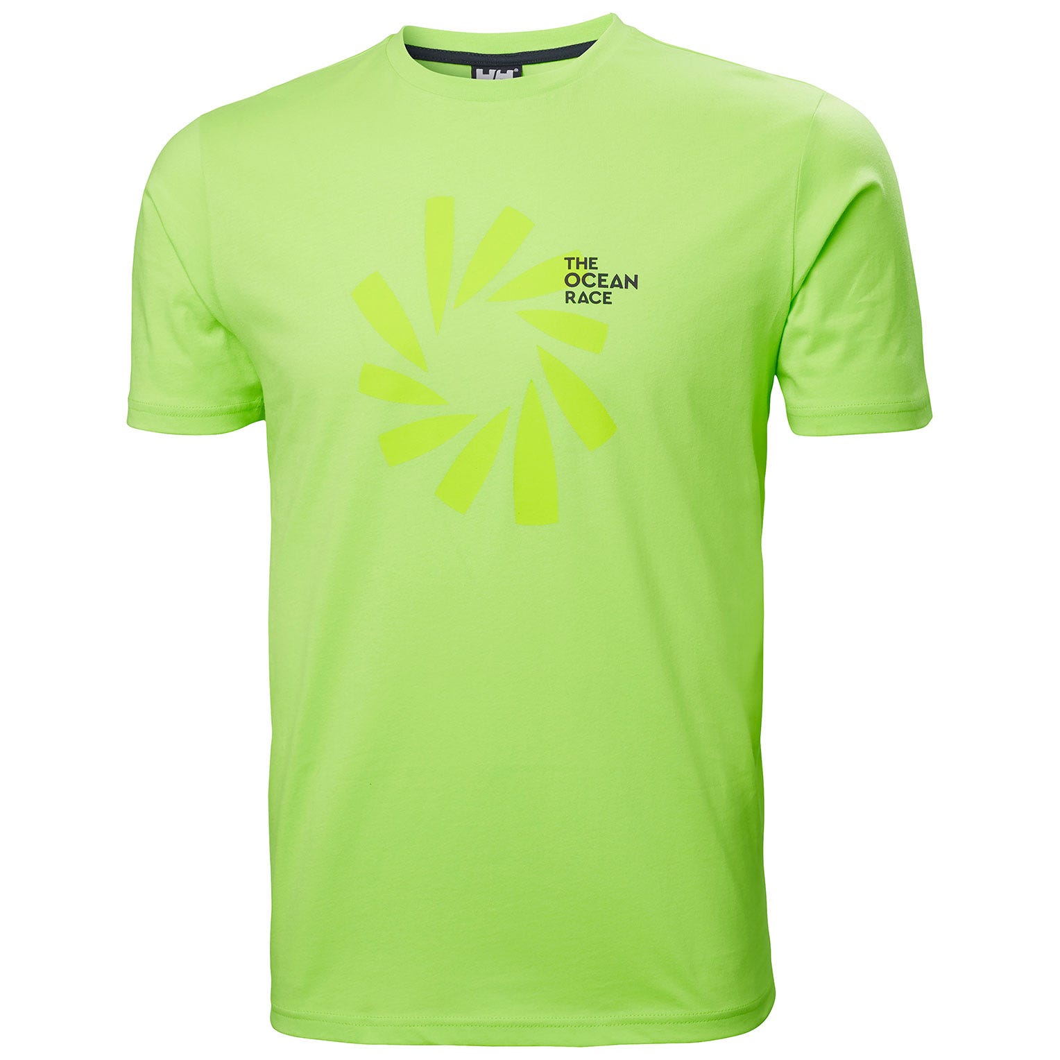 Bright green T-shirt featuring a circular graphic design and the text "THE OCEAN RACE," made from lightweight, breathable material ideal for outdoor activities.