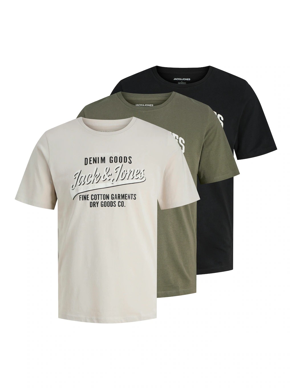 Three Jack & Jones T-shirts in white, olive green, and black, featuring a graphic print that reads "DENIM GOODS Jack & Jones" and "FINE COTTON GARMENTS DRY GOODS CO."