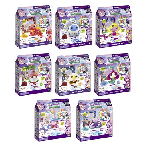 Colorful boxes of Taba World Mystical Friends Keyring Craft Set, featuring various whimsical characters, with vibrant illustrations and a DIY theme, arranged in a grid layout.