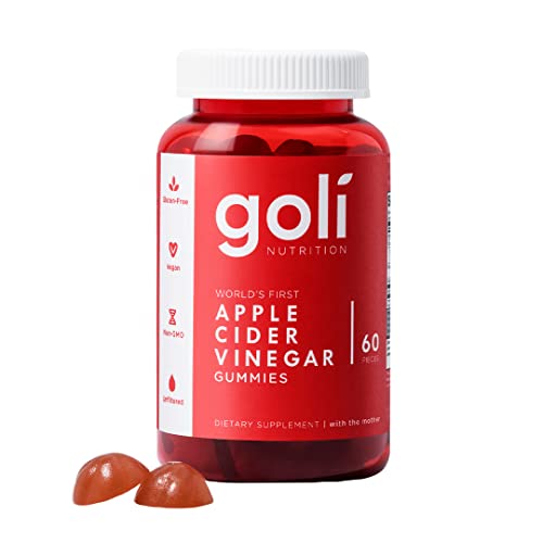 Red bottle labeled "Goli" containing 60 apple cider vinegar gummy vitamins, with a white cap and two gummies in front, highlighting vegan, gluten-free, and non-GMO features.