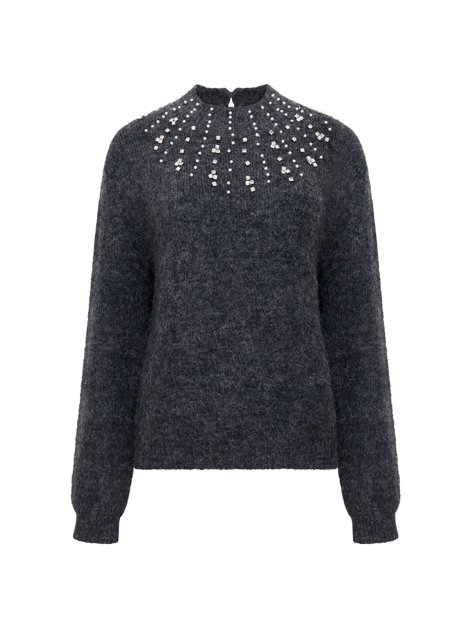 Dark grey embellished jumper featuring a high neckline, long sleeves, and decorative bead detailing across the chest.