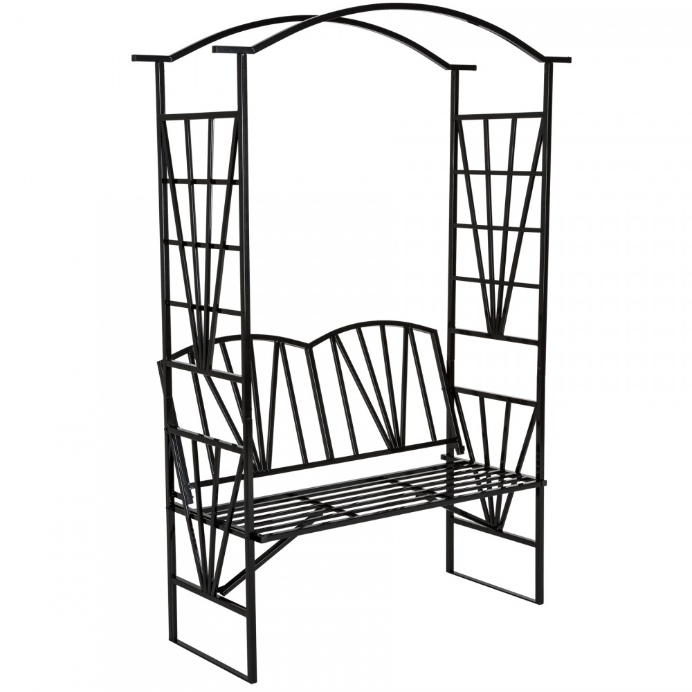 Black metal garden arch with a bench, featuring a geometric design and a curved top, ideal for outdoor spaces.