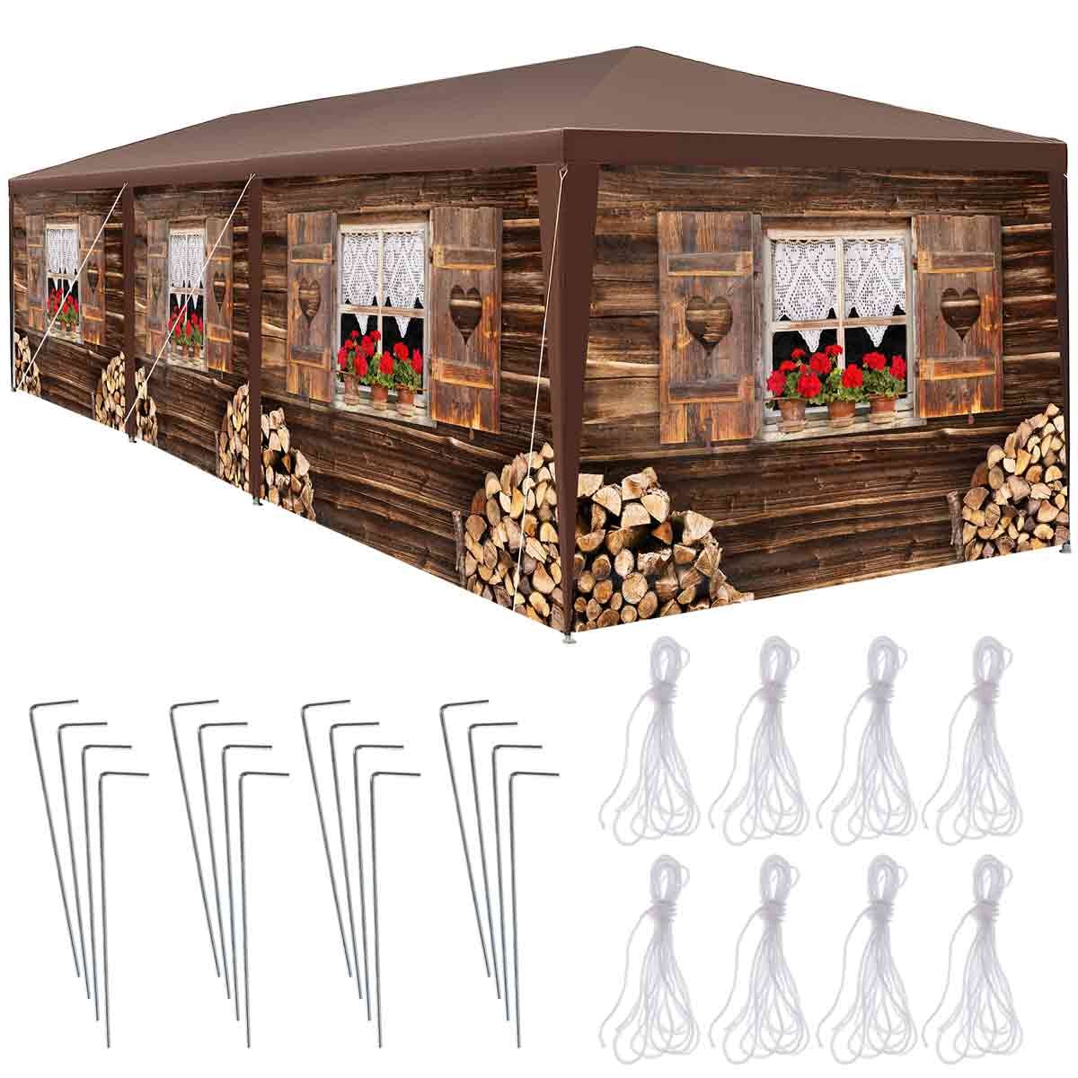 Brown waterproof gazebo designed like an Alpine hut, featuring decorative windows with flowers, wooden texture, and includes stakes and ropes for secure setup.