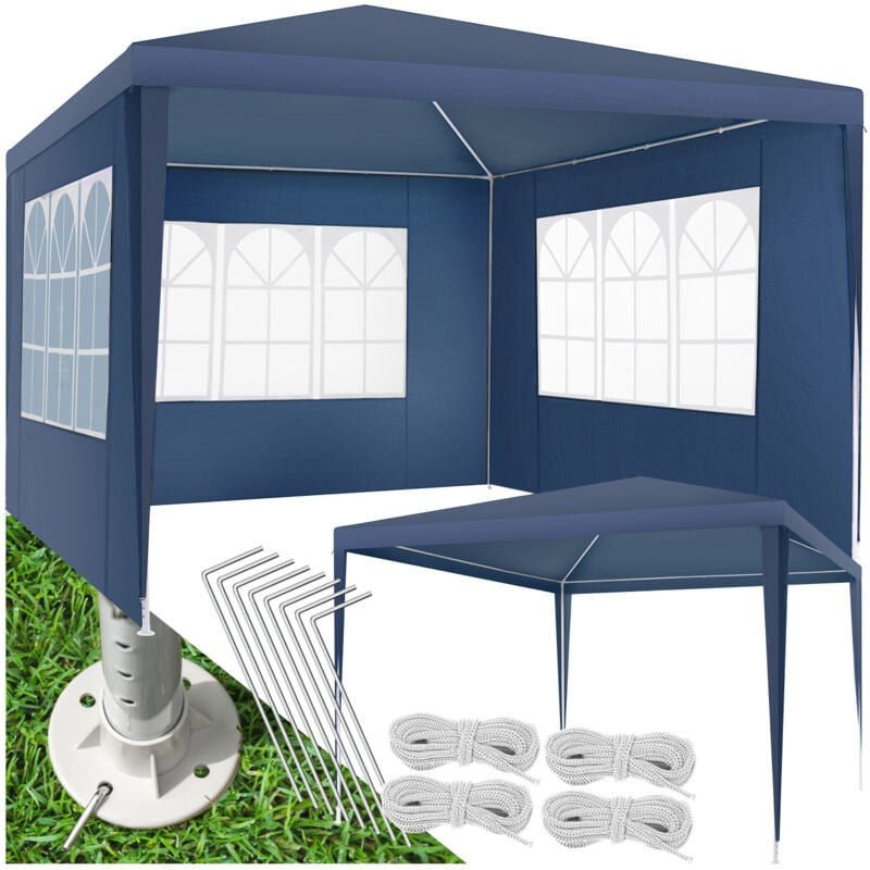 Blue gazebo measuring 3x3m with three side panels featuring large windows, metal frame, ground stakes, and ropes for securing, set on green grass.