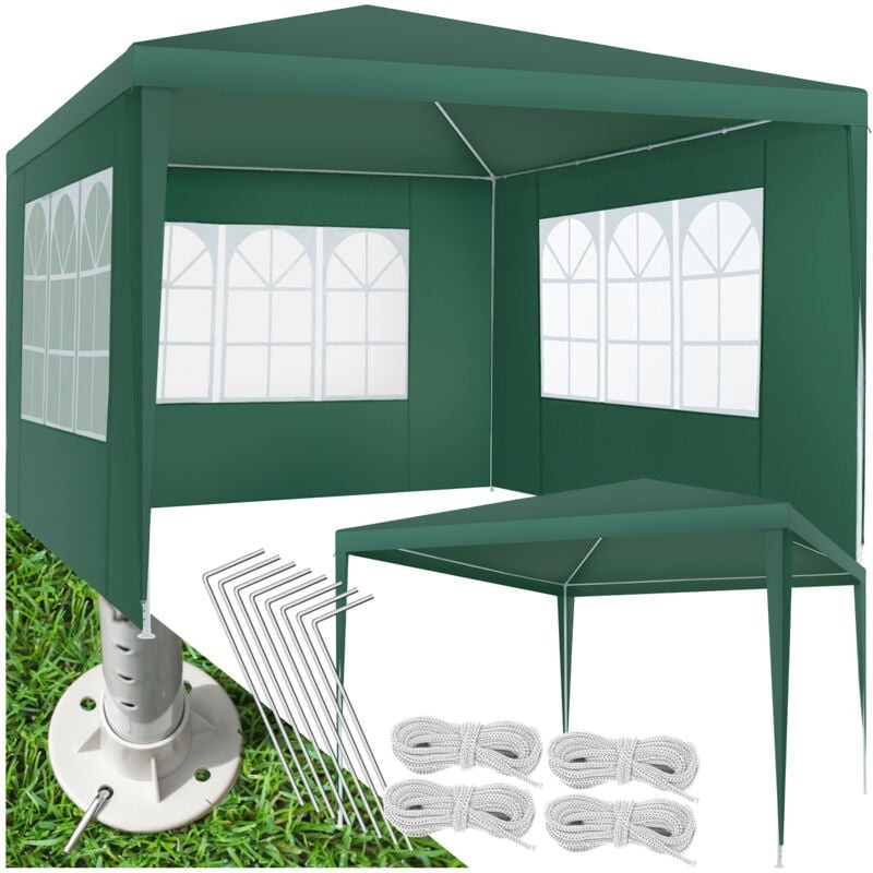 Green 3x3m gazebo with three side panels featuring arched windows, made of durable fabric, includes stakes and ropes for secure setup on grass.