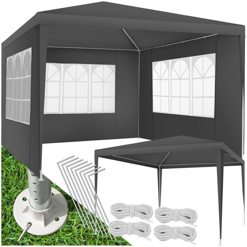Grey 3x3m gazebo with three side panels featuring large window designs, made of durable fabric, includes stakes and ropes for secure setup on grass.