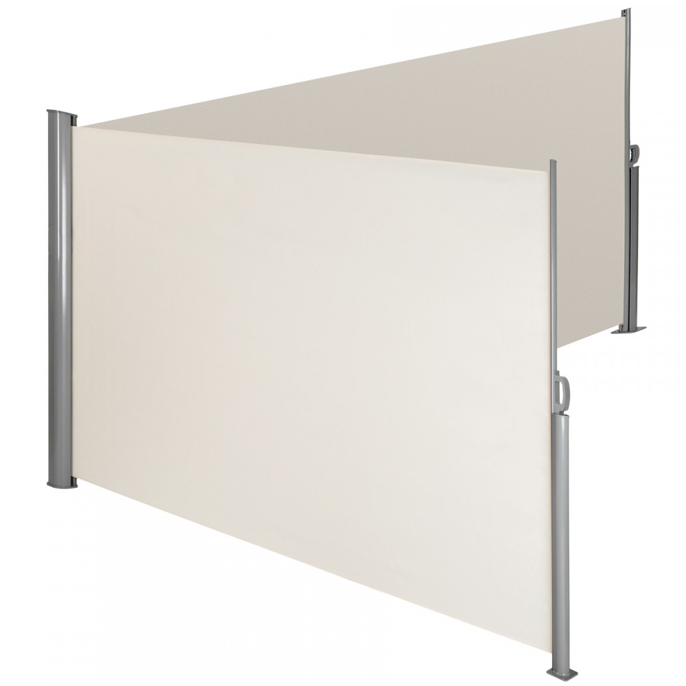 Double-sided garden privacy screen in cream, featuring retractable awnings and sturdy silver metal posts for easy installation and enhanced outdoor privacy.