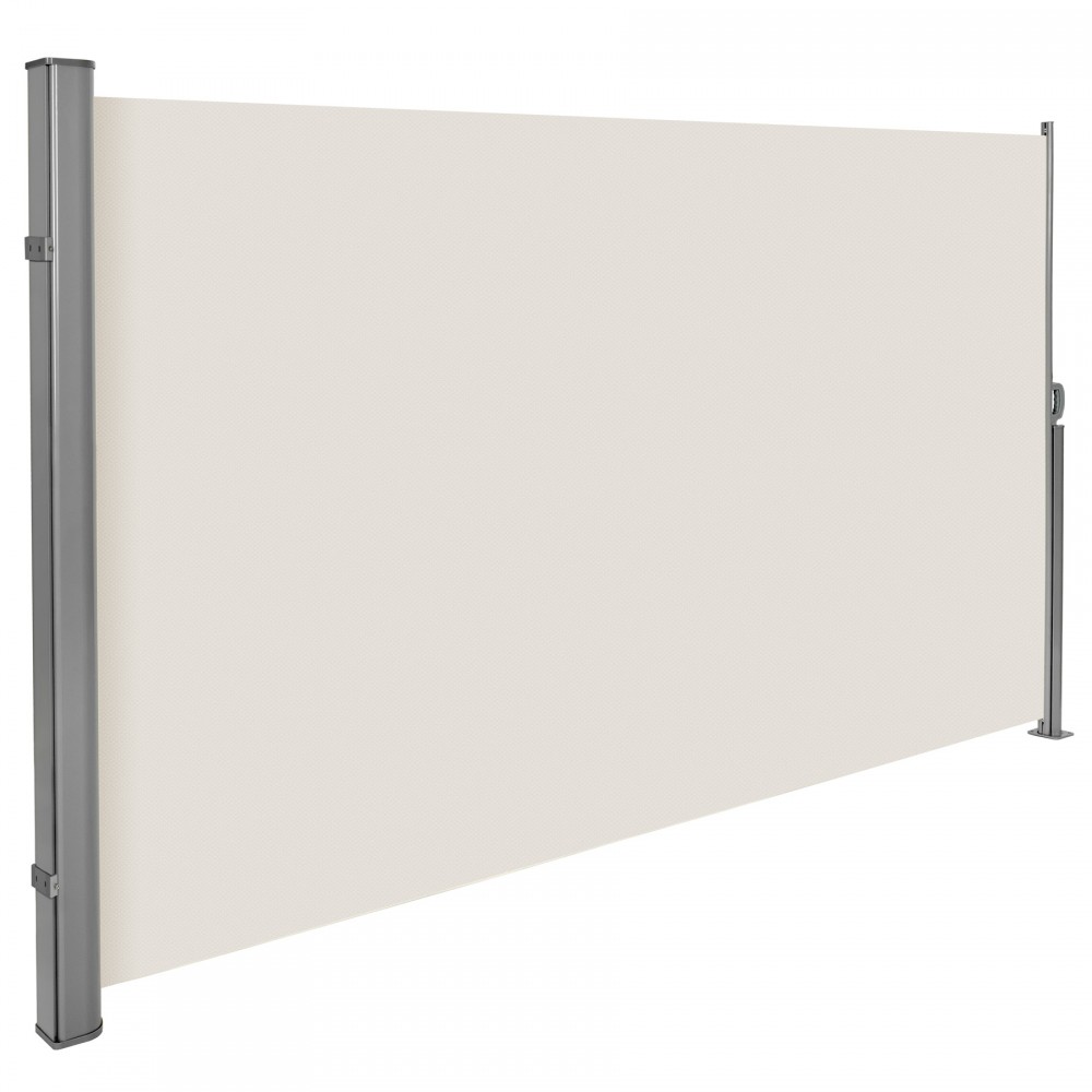 Cream-colored garden privacy screen with a retractable mechanism, featuring sturdy silver metal posts for support and a smooth, fabric-like surface.