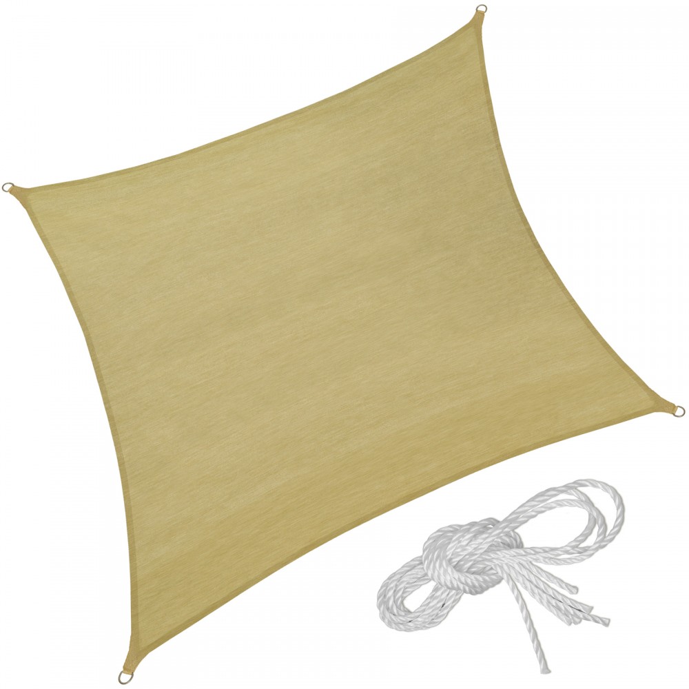 Square cream sun shade sail made of durable fabric, featuring reinforced corners and a white rope for easy installation.