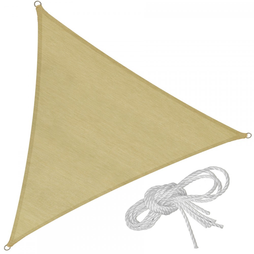 Triangular cream sun shade sail made of durable fabric, featuring reinforced corners with grommets and a bundle of white rope for easy installation.