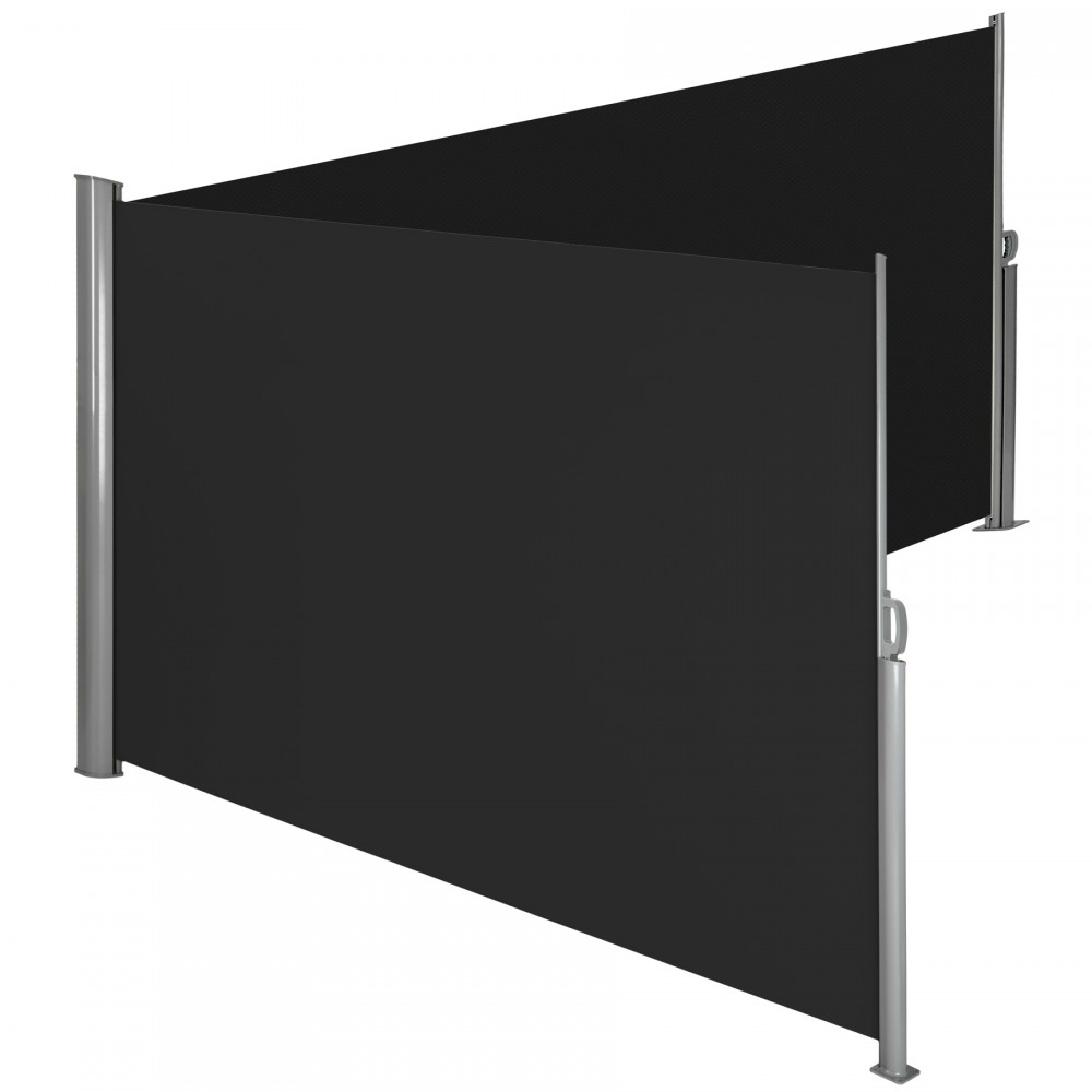 Double-sided garden privacy screen in black, featuring retractable awnings and sturdy silver metal posts for stability and privacy.