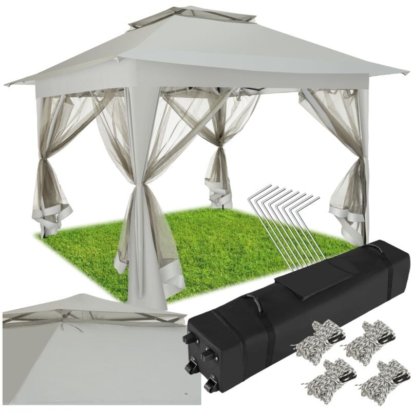 Grey Tectake Marquee Carabobo features a ventilated roof and mosquito nets, measuring 3.64x3.64x2.94m, with a black carrying bag, stakes, and ties included.