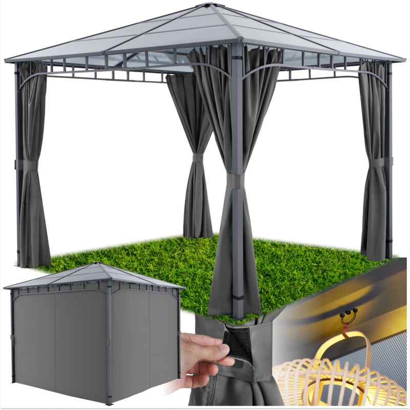 Grey weatherproof gazebo with an aluminium frame, measuring 3 x 3 meters, featuring curtains and a sturdy roof, ideal for outdoor use.