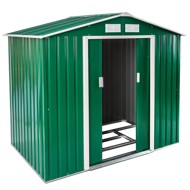 Green metal shed with a saddle roof, featuring vertical panels, double doors, and ventilation slots, designed for outdoor storage.