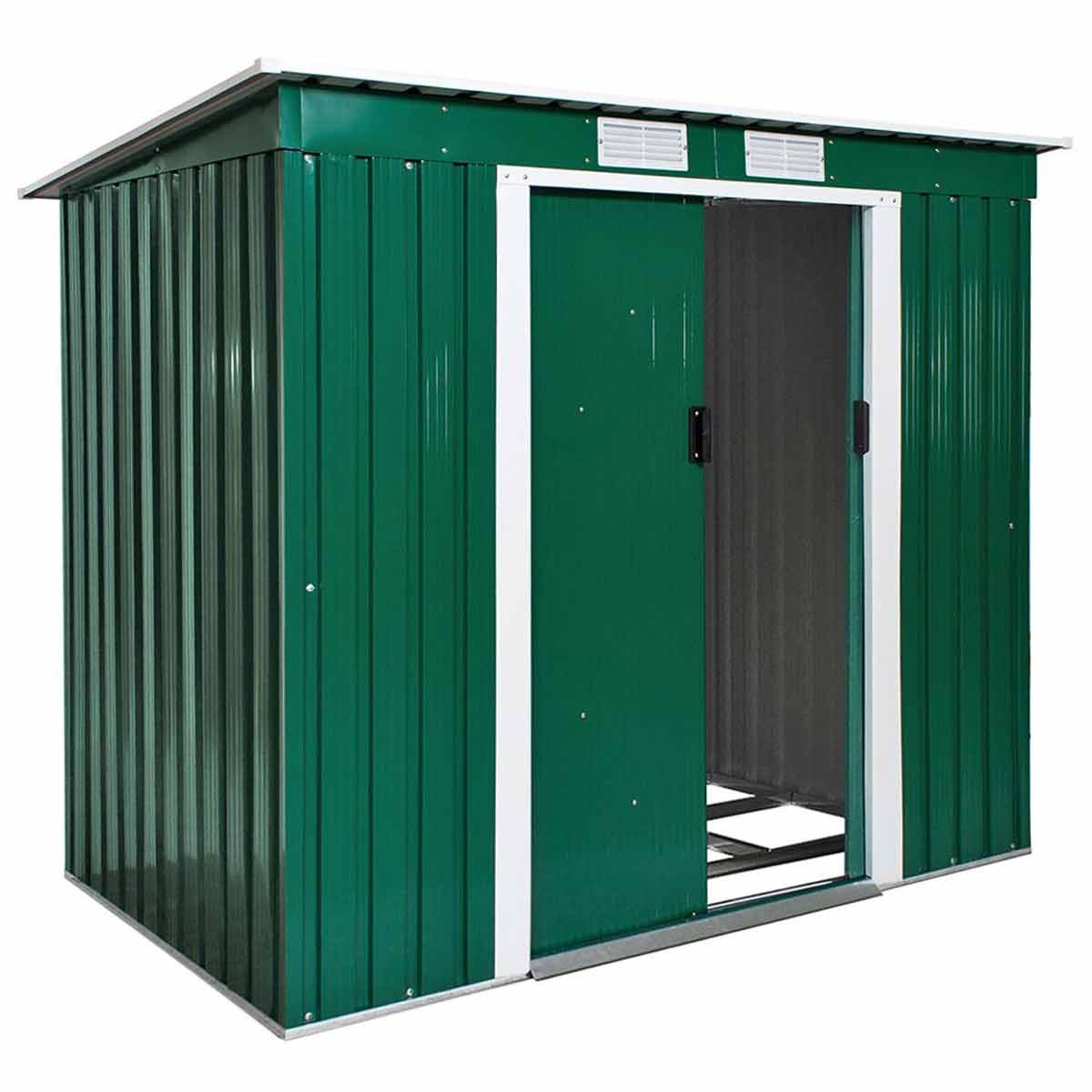 Green metal shed with a slanted roof, featuring vertical panels, double doors, and ventilation slots at the top, designed for outdoor storage.