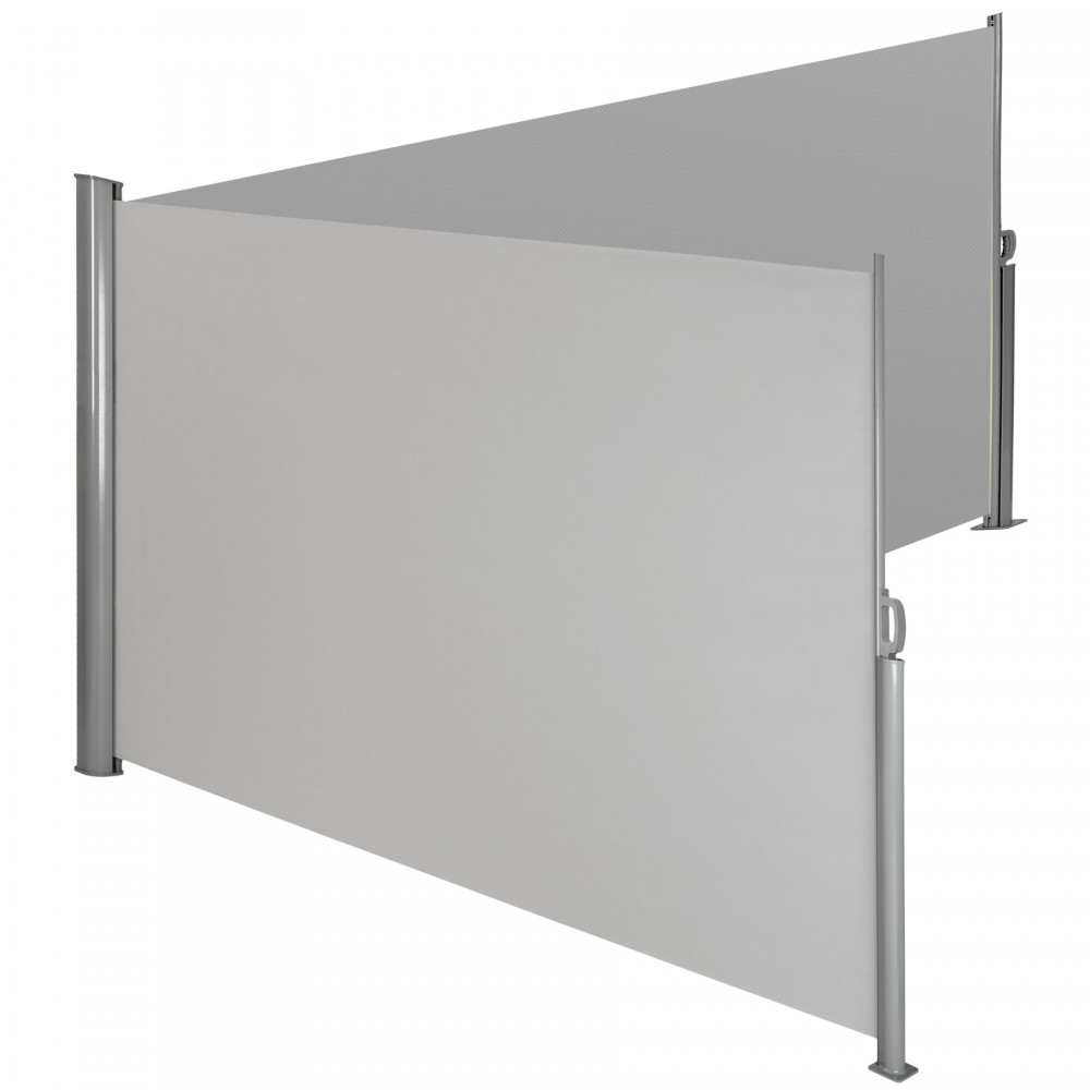 Double-sided garden privacy screen in grey with retractable awnings, featuring sturdy metal posts and a sleek, modern design for outdoor spaces.