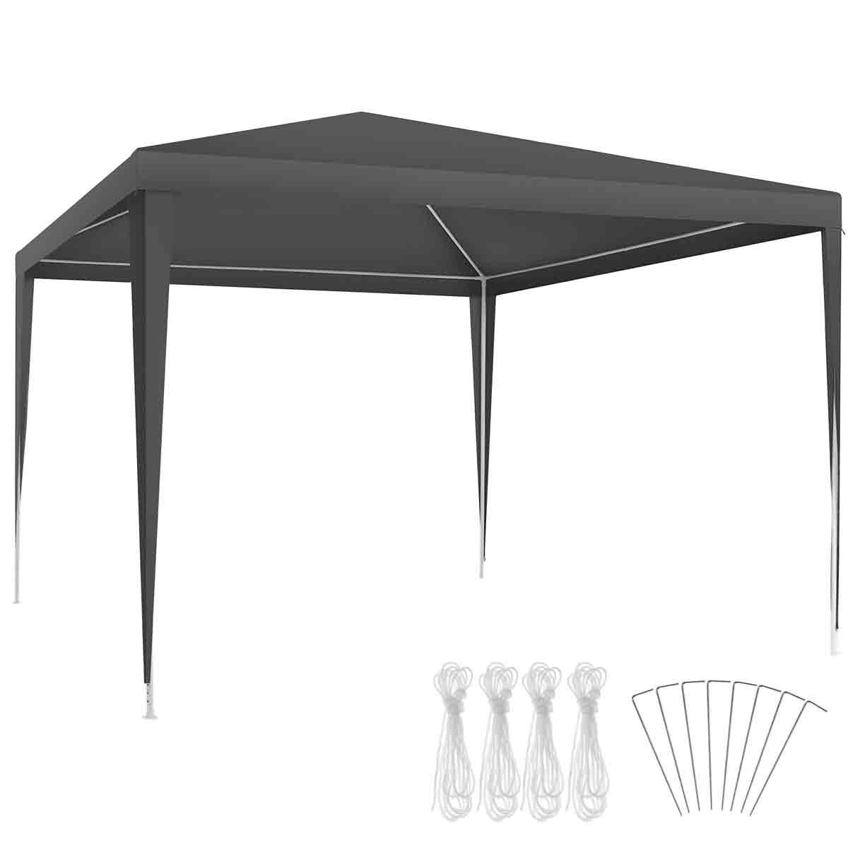 Grey 3x3m Tectake gazebo with UV protection, featuring a sturdy frame, four legs, and included tie-down ropes and stakes for secure setup.