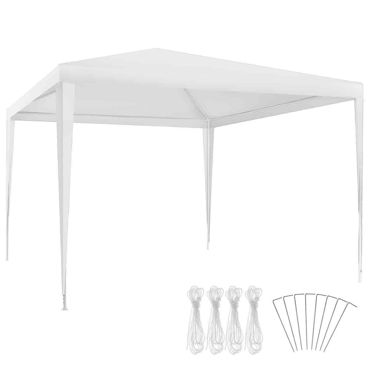 White 3x3m Tectake gazebo with UV protection, featuring a sturdy frame, four vertical legs, and accessories including ropes and pegs for secure setup.