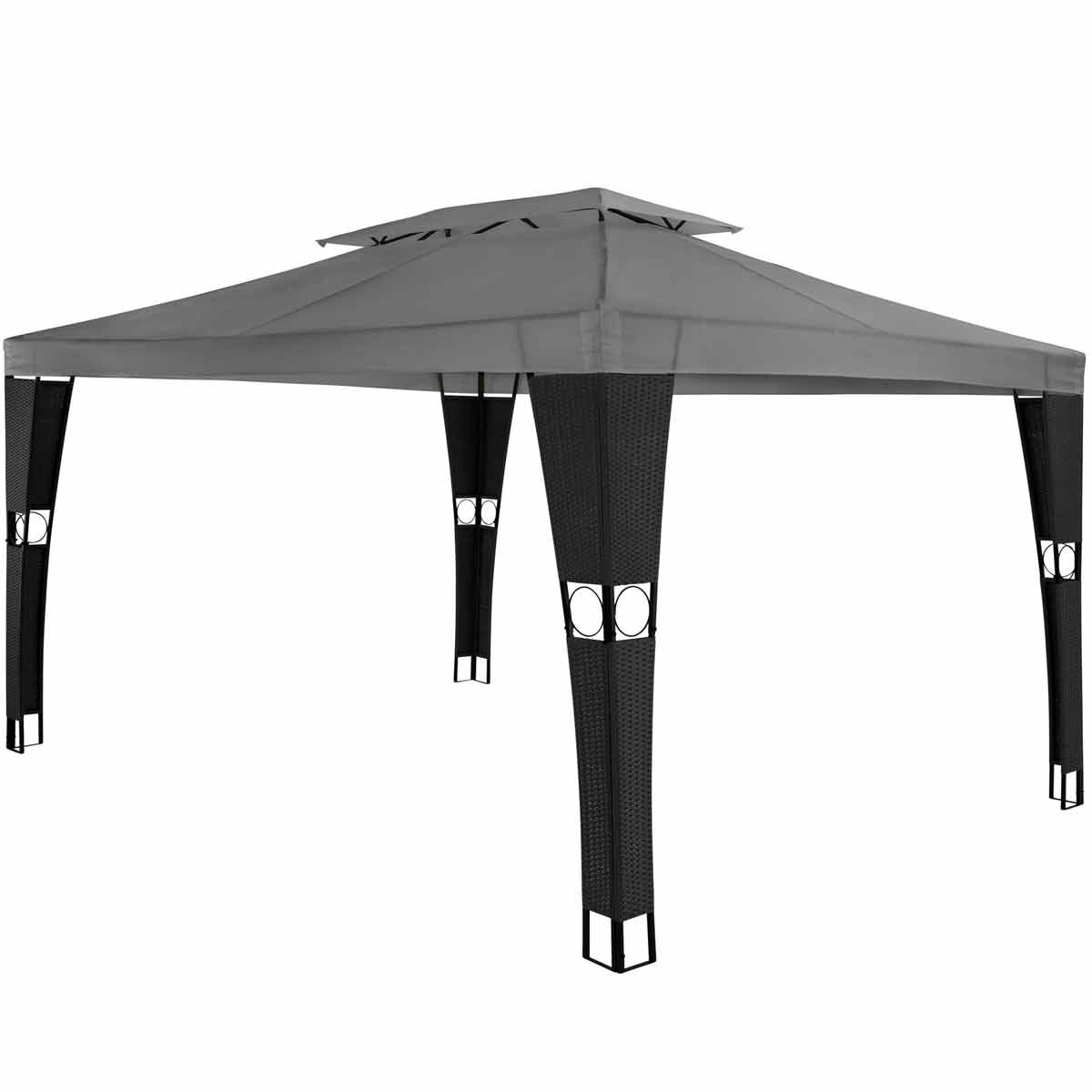 Black rattan gazebo with a 3x4 meter frame, featuring a sleek design, sturdy black legs, and a sloped roof for rain runoff.