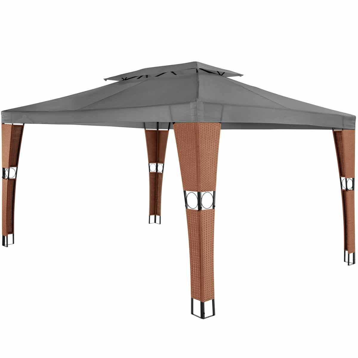 Brown rattan gazebo with a grey canopy, featuring a modern design and sturdy legs with decorative accents, measuring 3x4 meters.