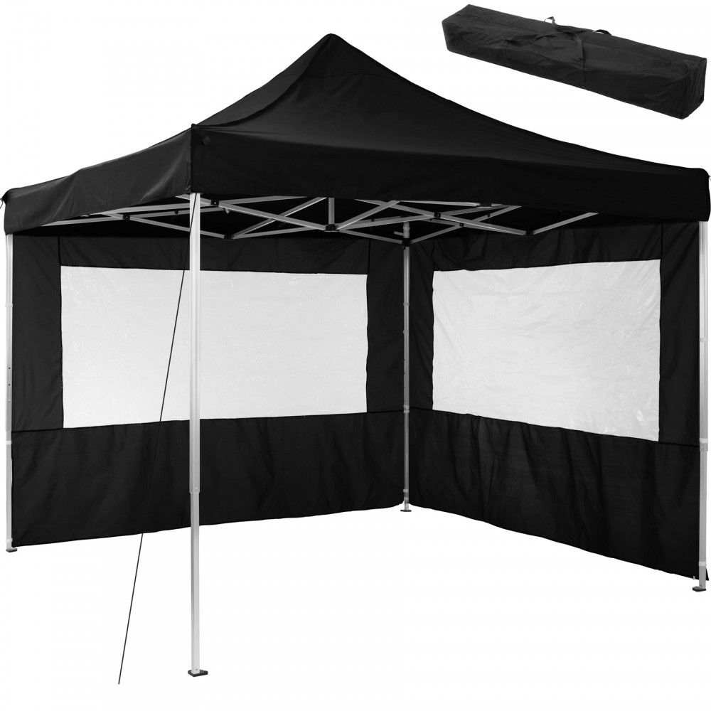 Collapsible black gazebo measuring 3x3 meters, featuring two side walls with clear windows, sturdy metal frame, and a carrying bag for easy transport.