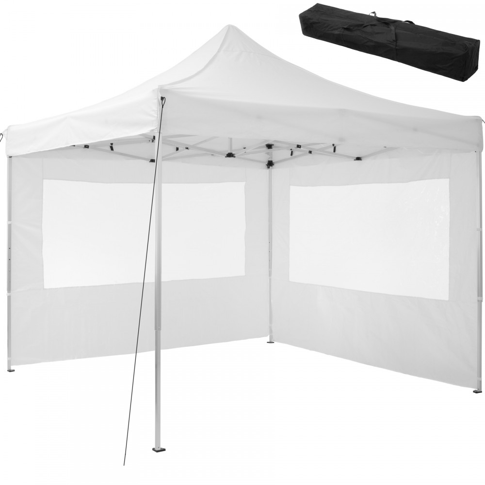 Collapsible 3x3m white gazebo with two side walls, featuring a sturdy frame and a peaked roof, comes with a black carrying bag for easy transport.