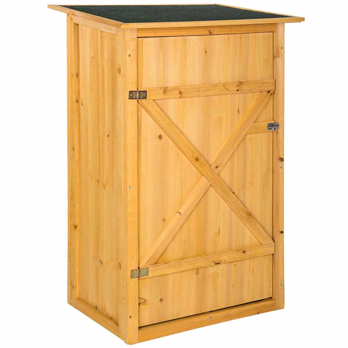 Brown wooden garden storage shed with a flat roof, featuring a cross-braced door design and metal hinges, designed for outdoor use.