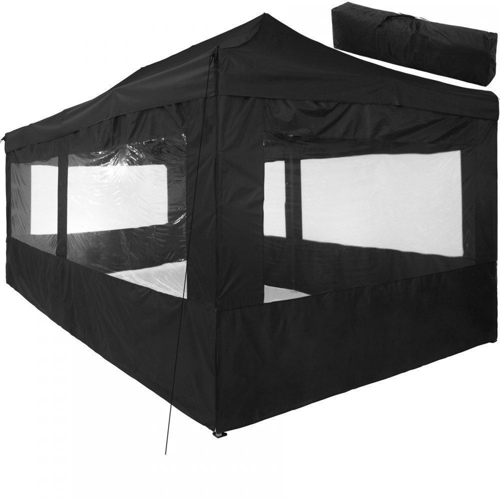 Collapsible black gazebo measuring 3x6 meters, featuring four transparent sides, a sturdy frame, and a rolled-up cover for easy transport.