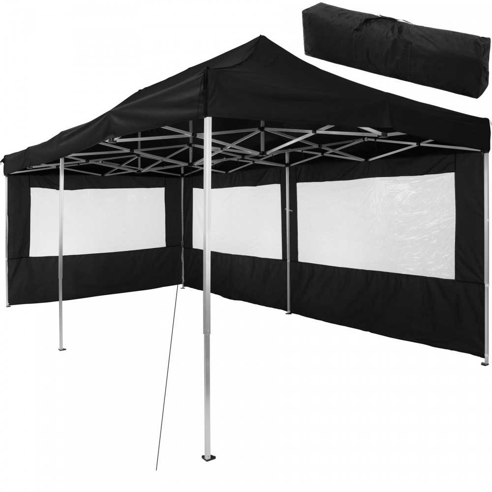 Collapsible 3x6 meter gazebo in black with two side panels, featuring a sturdy frame, white windows, and a convenient carrying bag for easy transport.