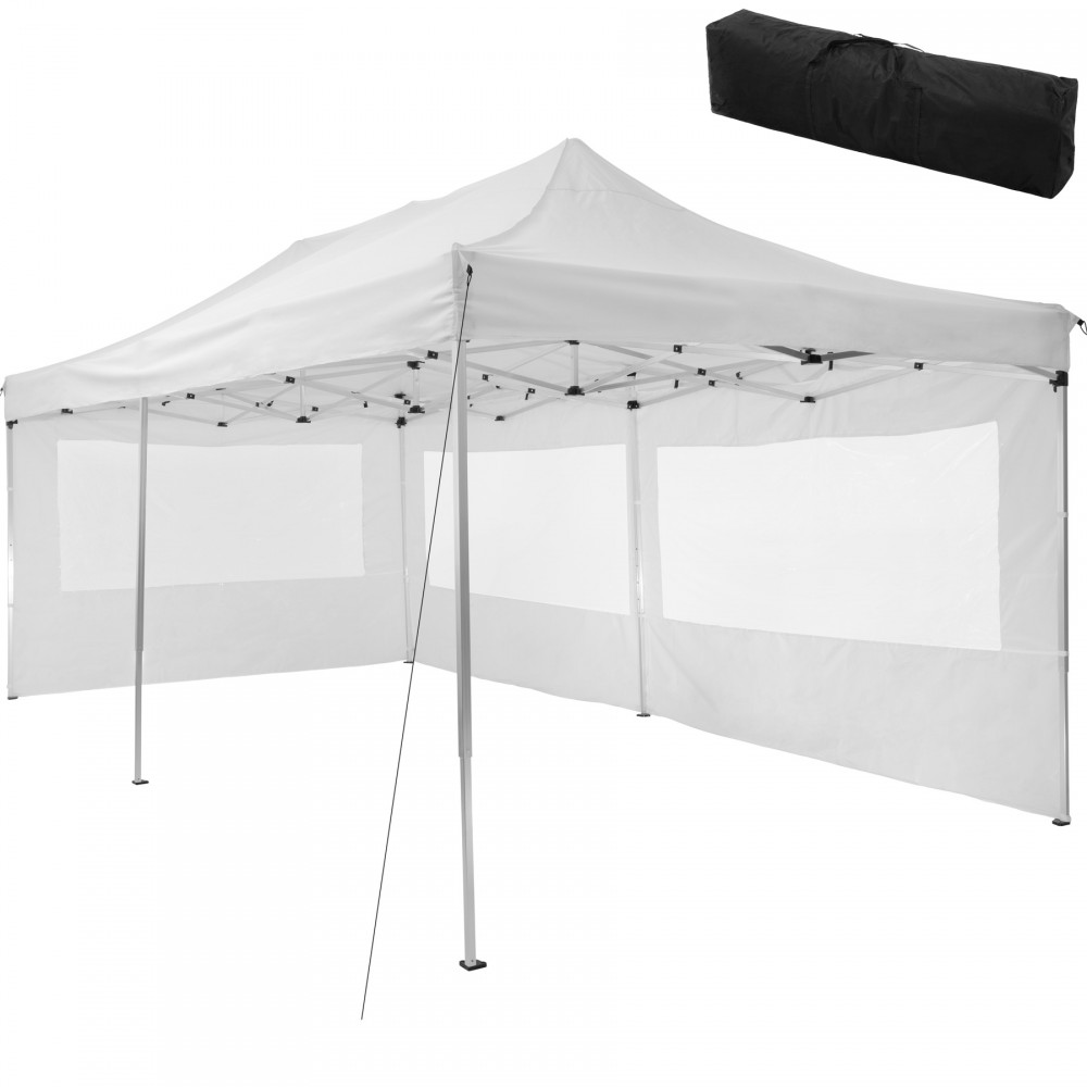 Collapsible 3x6m gazebo in white with two side panels, featuring a sturdy frame and a peaked roof, includes a black carrying bag for easy transport.