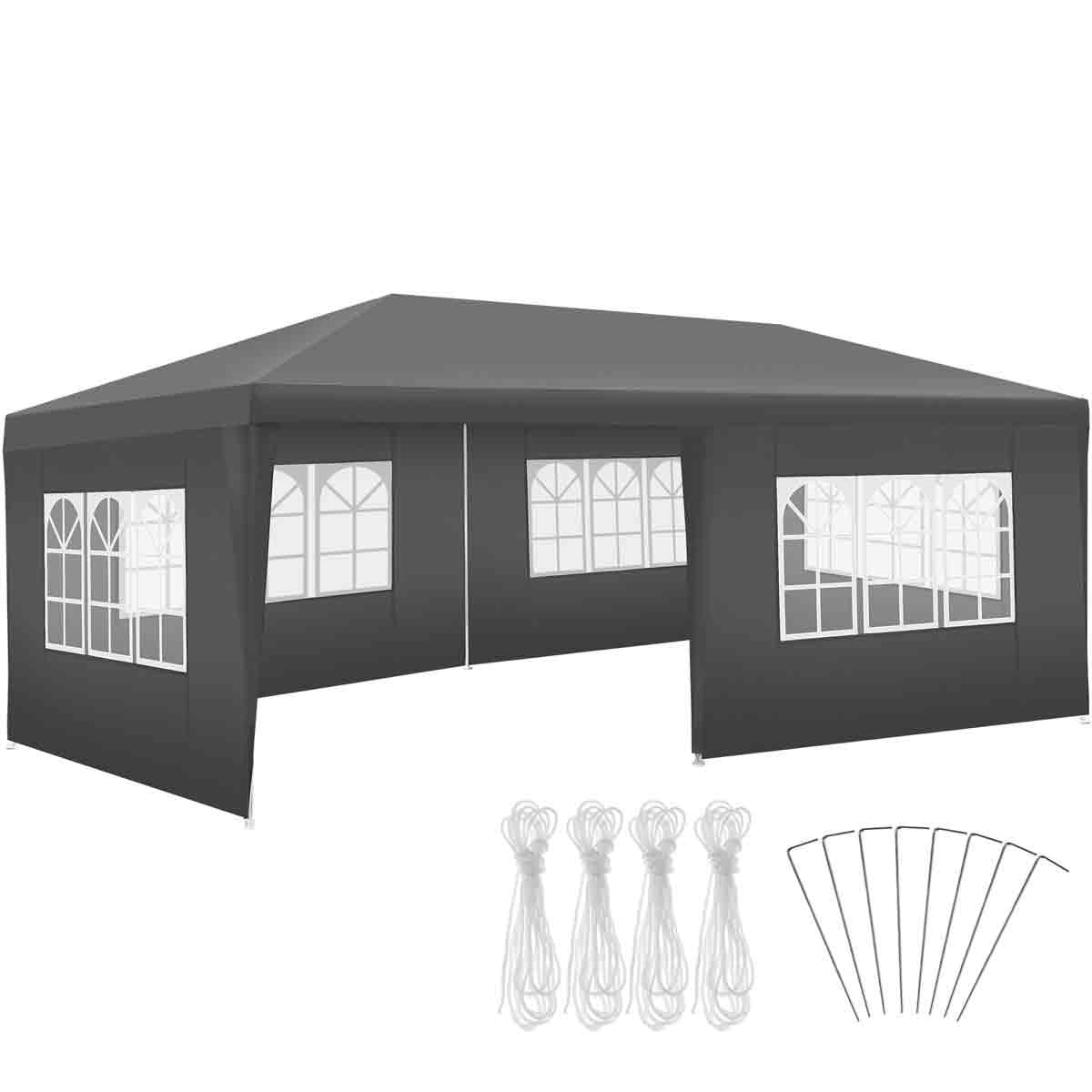 Grey 6x3m gazebo with five side panels featuring large windows, made of durable material, includes ropes and stakes for secure setup.