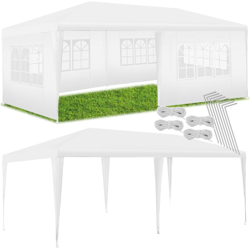 White Tectake gazebo measuring 6x3m, featuring five side panels with window designs, accompanied by stakes and ropes for secure setup on grass.