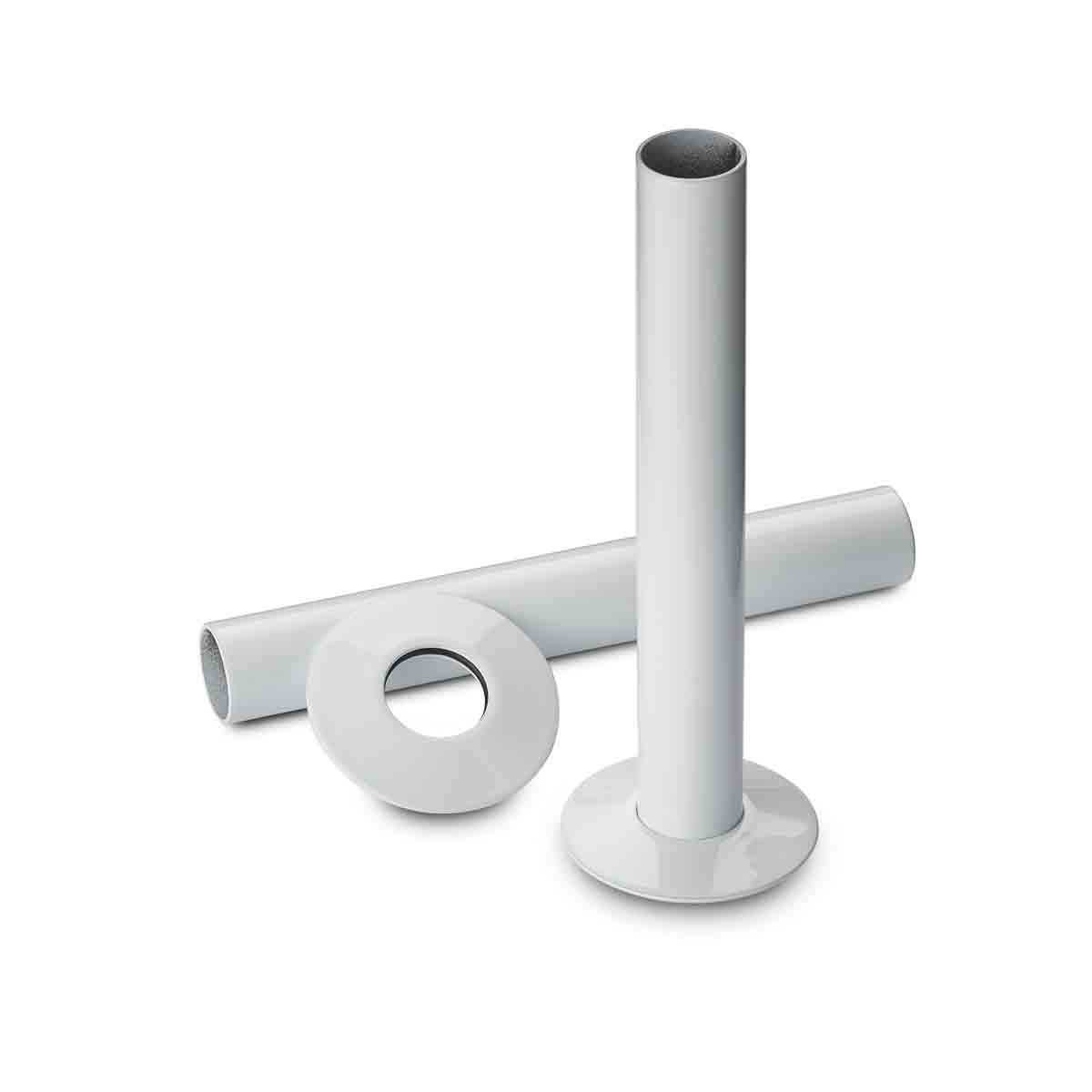 White 130mm pipe sleeving and metal collar set by Terma, featuring a smooth finish and circular collar for secure fitting.