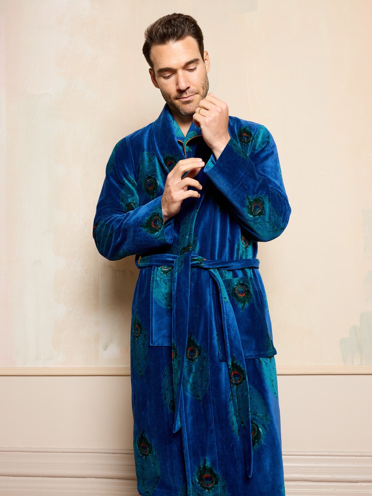 Their Nibs Their Nibs, Mens Velvet Robe Navy Peacock Feather, L